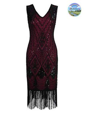 1920s Sequin Flapper Dress V-Neck Art Deco Cocktail Gatsby Midi